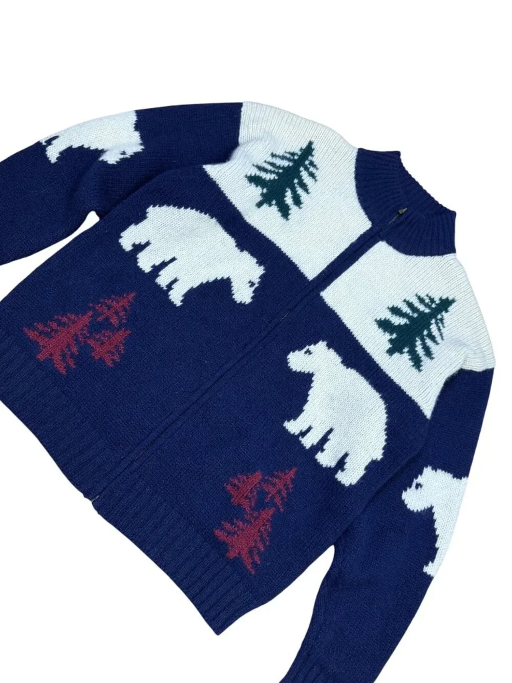 Vintage 90s Lands’ End Mens Wool Full Zip Sweater XL Nordic Bear Trees Navy Ivor
